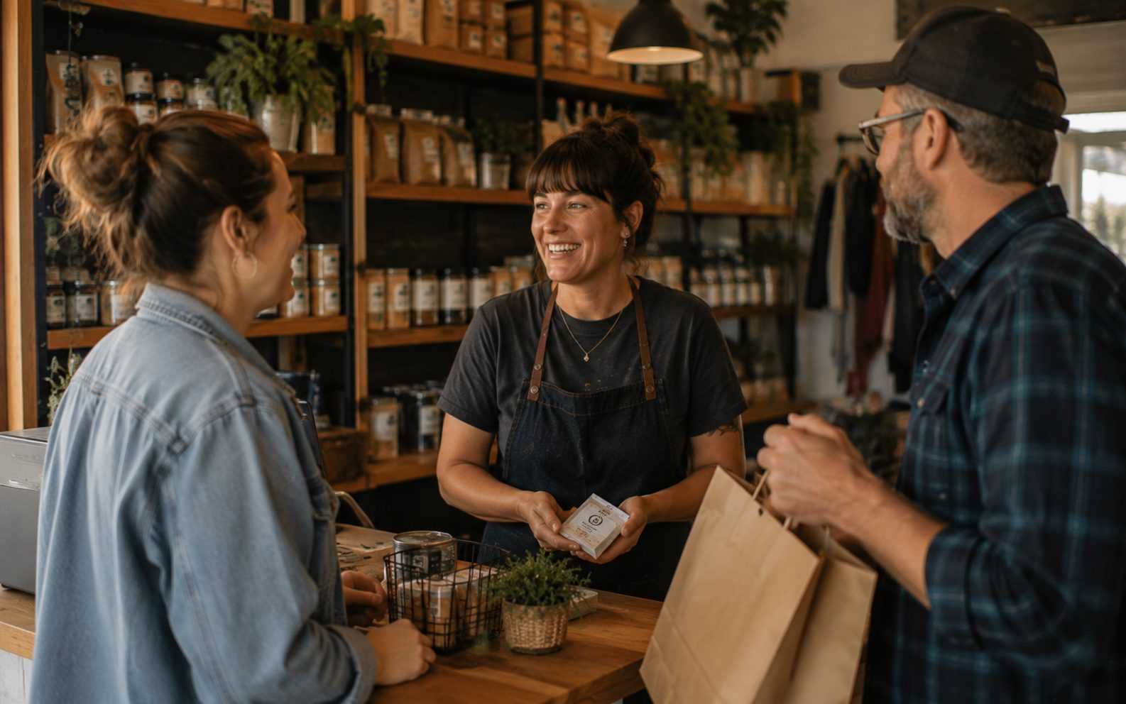 Busy Vernon BC shop counter with an owner serving customers, the payoff of a website that works
