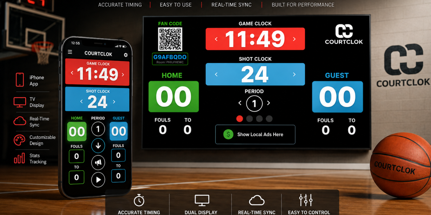 CourtClock live basketball scoreboard app built by Reel Edge Media