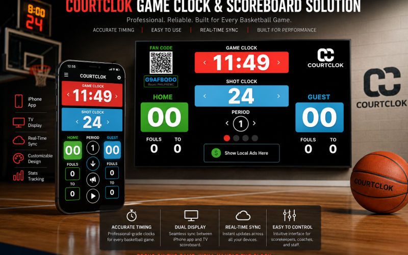 CourtClock live basketball scoreboard app built by Reel Edge Media