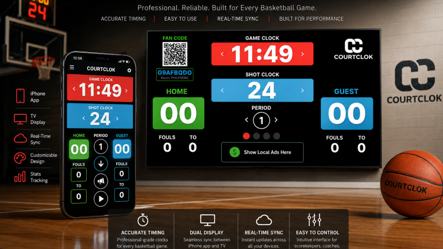 CourtClock live basketball scoreboard app built by Reel Edge Media