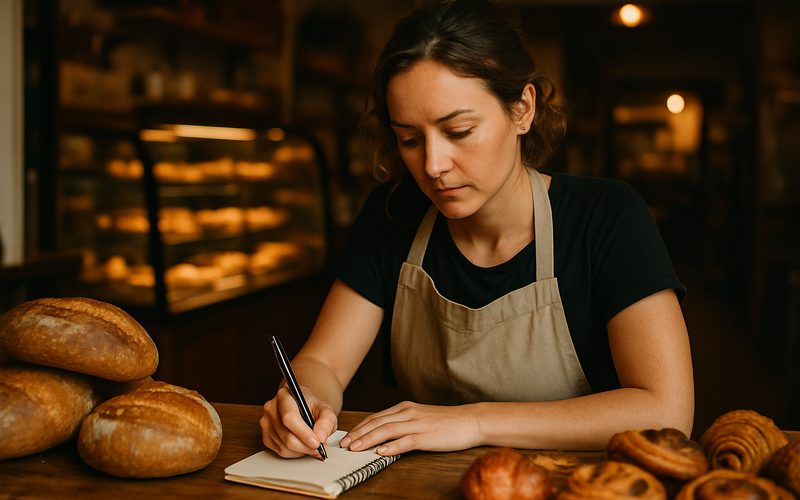 Okanagan bakery owner brainstorming social media content pillars on a notepad at the counter
