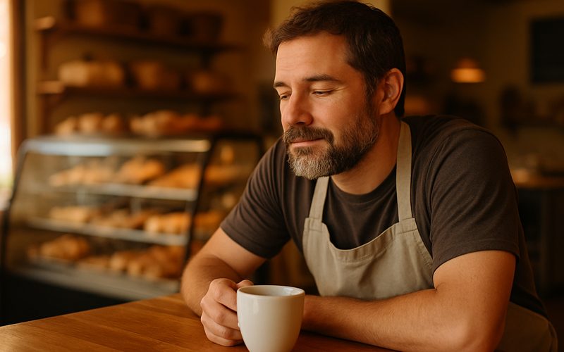 Vernon bakery owner enjoying a relaxed coffee with time freed up by automation