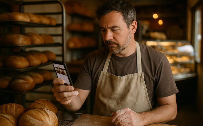 Vernon bakery owner testing their own website on a phone among fresh bread