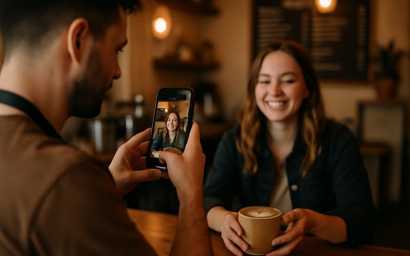 Vernon café owner snapping a photo of a smiling customer being handed a coffee for social media