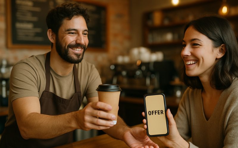 Vernon café owner handing a coffee to a customer redeeming an Instagram offer at the counter