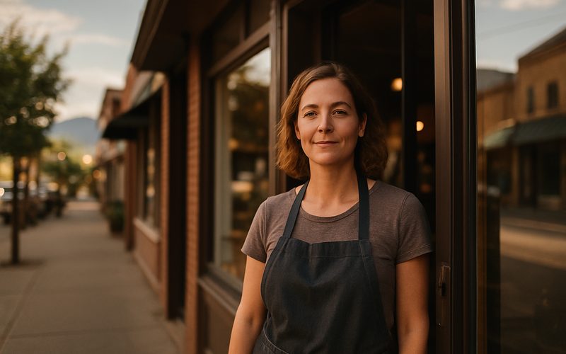 Confident Vernon business owner standing in the shop doorway after setting up safe AI habits
