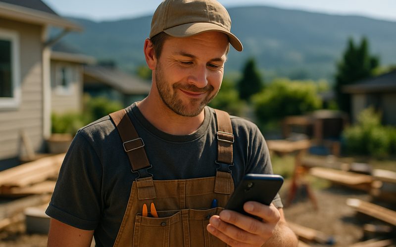 Okanagan contractor on a job site glancing at a phone notification of a new booked lead