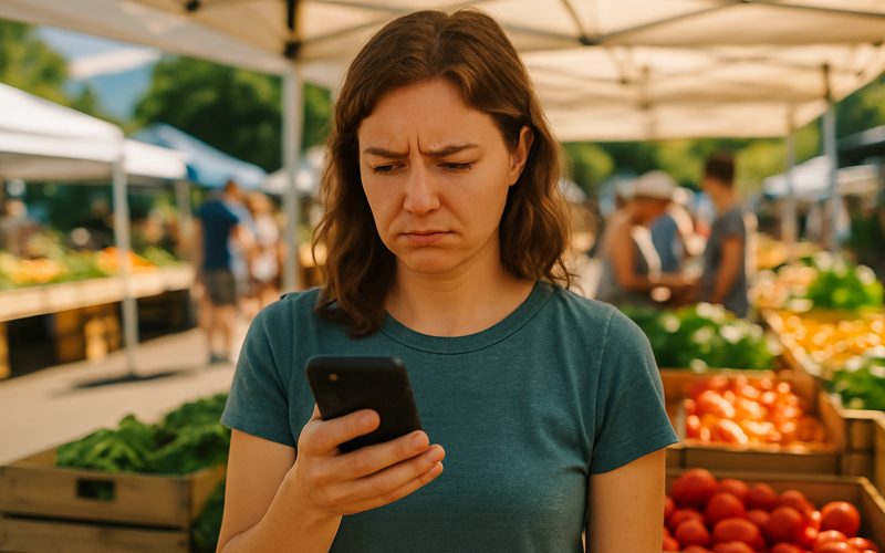 Customer at a Vernon farmers market frowning at a slow-loading website on their phone