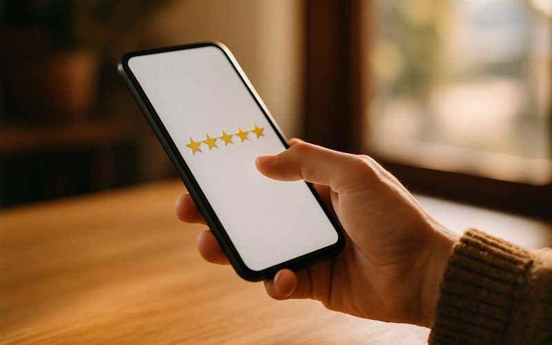 Customer's hand tapping five stars to leave a Google review on a phone in the Okanagan