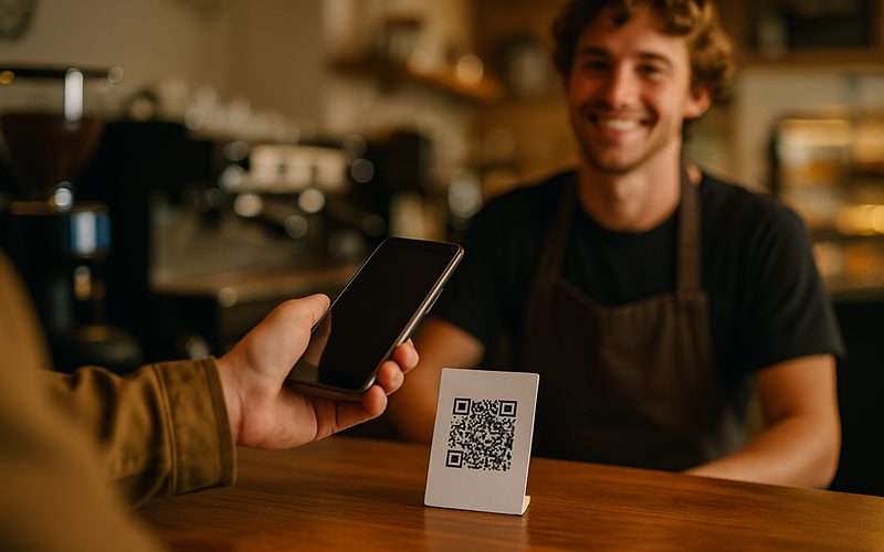 Customer scanning a Google review QR code at a Vernon café counter