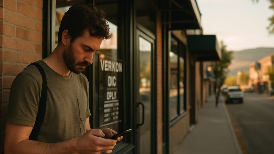 Customer on the sidewalk checking a Vernon business on a phone outside its storefront