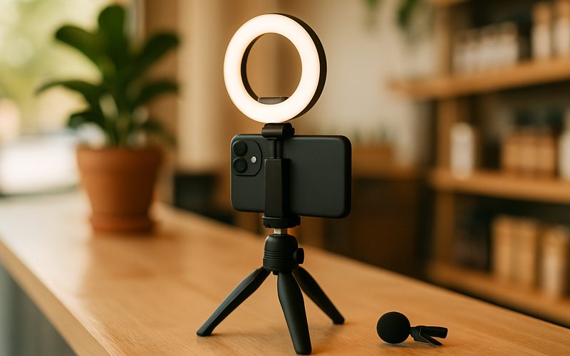 A budget DIY reel kit — phone on a tripod with a ring light on a Vernon shop counter