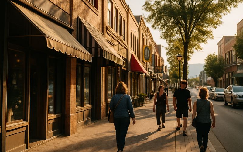 Sunny downtown Vernon BC street with small business storefronts ideal for local ad targeting