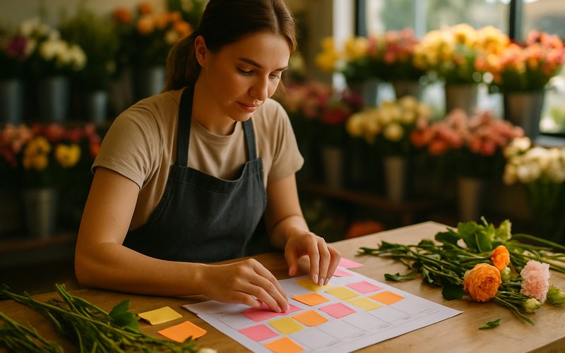 Vernon florist organizing a monthly social media content calendar with sticky notes on a worktable