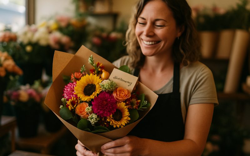 Okanagan florist preparing a bouquet giveaway prize to grow Instagram followers
