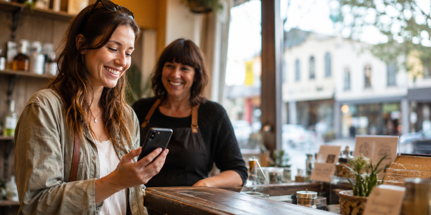 Vernon BC customer leaving a Google review on their phone at a business counter