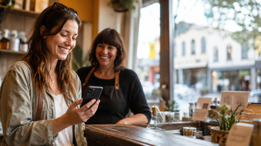 Vernon BC customer leaving a Google review on their phone at a business counter