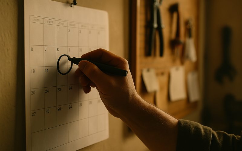 Hand marking a date on a wall calendar in a Vernon workshop