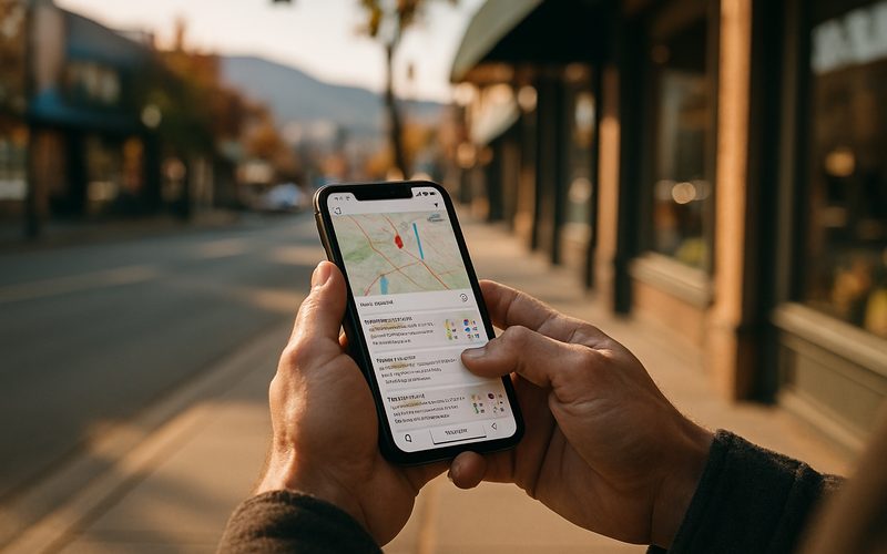 Hands holding a phone showing a Google Maps local pack search on a Vernon BC street