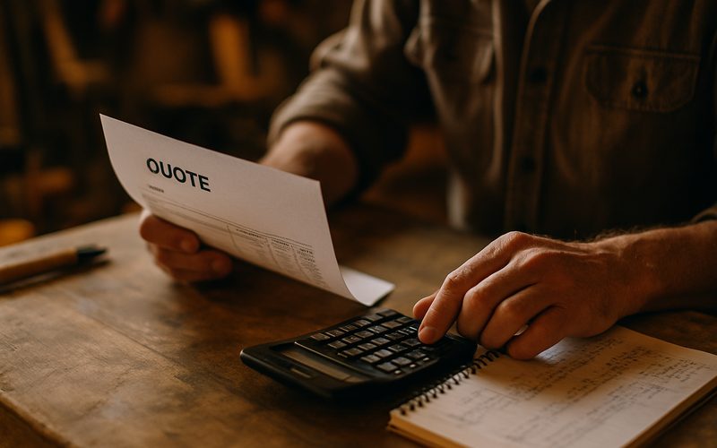 Hands fact-checking an AI-drafted quote against a calculator and notes at an Okanagan desk