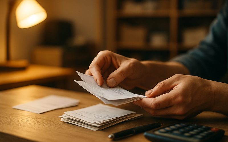 Hands organizing invoices and receipts at a small business desk in the Okanagan