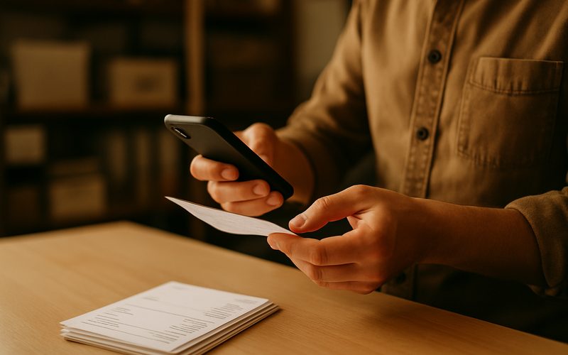 Hands scanning a receipt into automated bookkeeping software at a small business desk