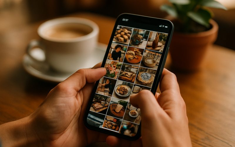 Hands scrolling a Vernon business Instagram feed on a phone at a café table