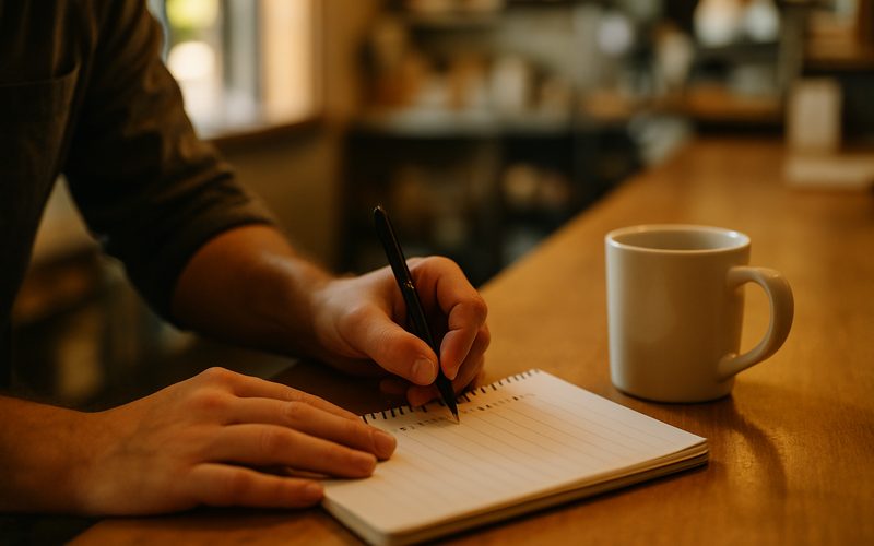 Hands writing a list of common customer questions on a notepad to train a business chatbot