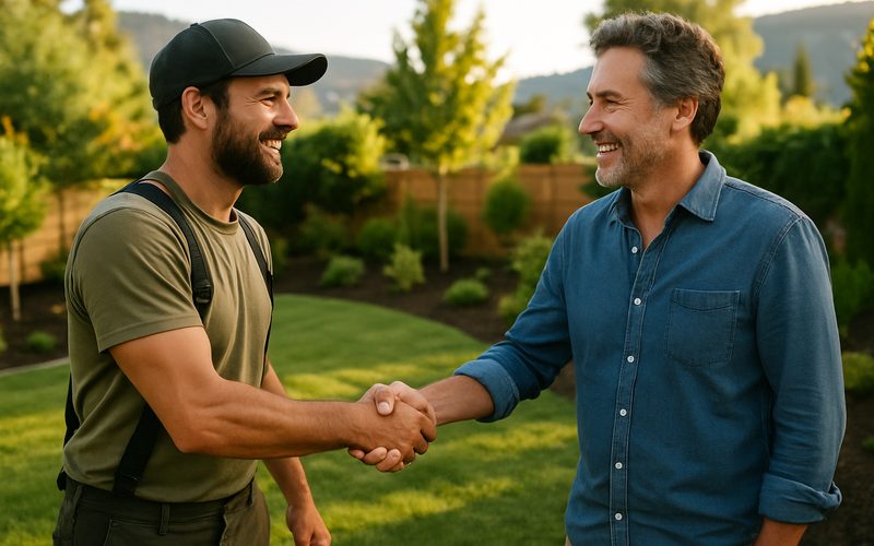 Vernon landscaper shaking hands with a happy homeowner in a finished backyard