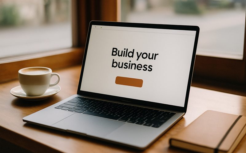 Laptop on a Vernon café table showing a clean business homepage hero with headline and button