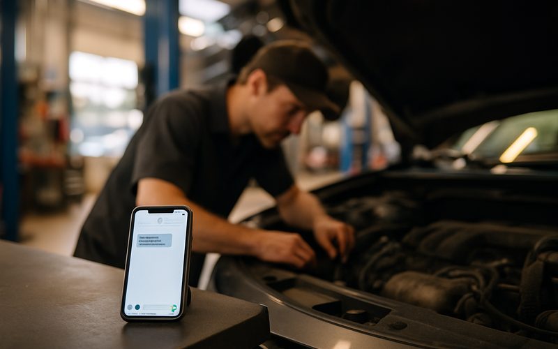 Okanagan auto shop where an AI text-back goes out while the mechanic works on a car