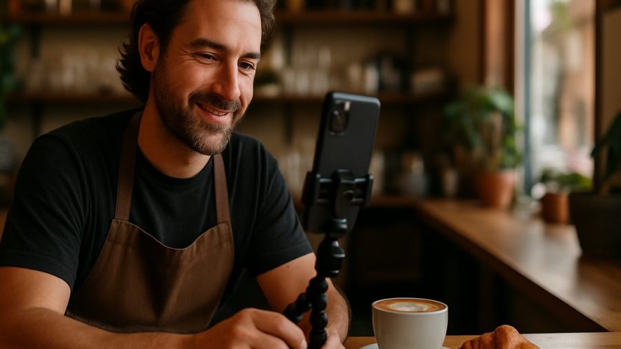 Okanagan café owner filming a short social media reel on a phone behind the counter in Vernon BC