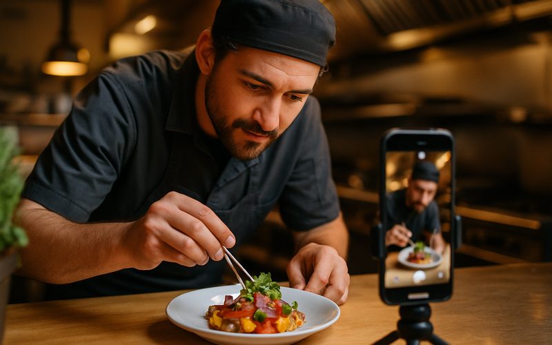 Okanagan chef plating a dish being filmed vertically on a phone for an Instagram Reel