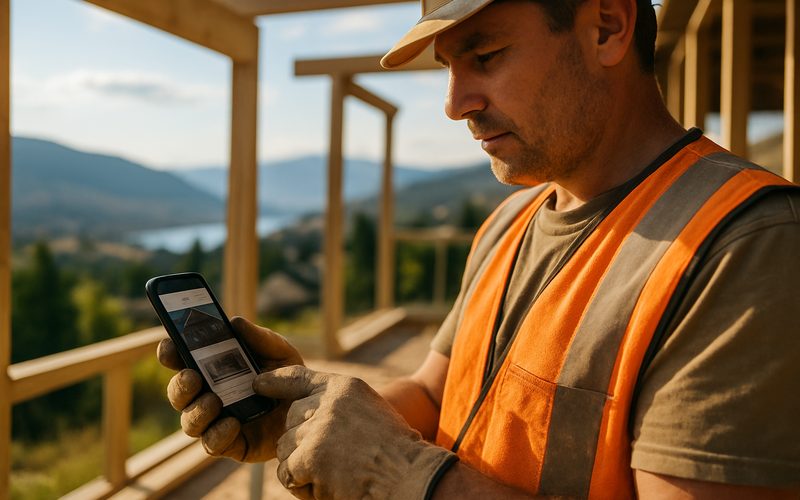Okanagan contractor checking their business website on a phone at a Vernon job site
