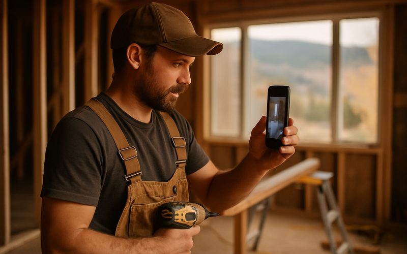 Okanagan contractor filming a before-and-after of a job site on a phone for social media