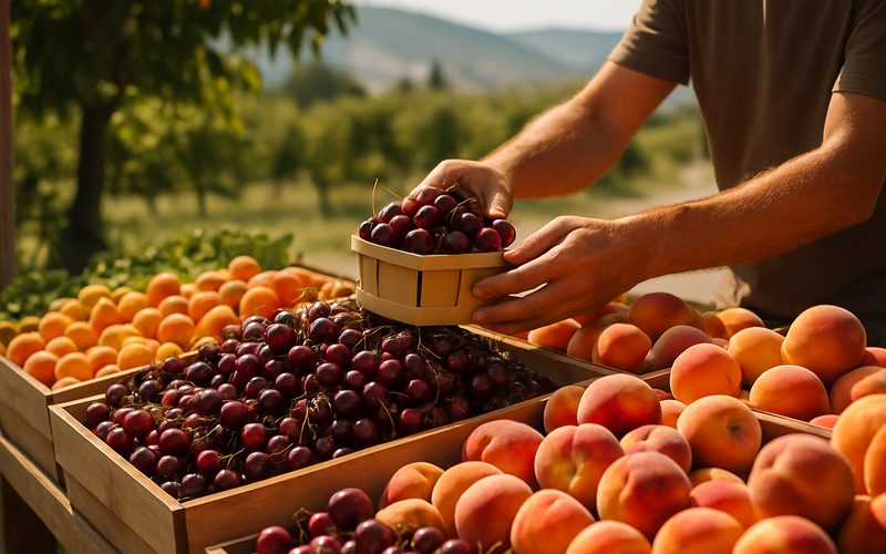 Okanagan farm stand piled with fresh cherries, a seasonal video content idea for Vernon businesses