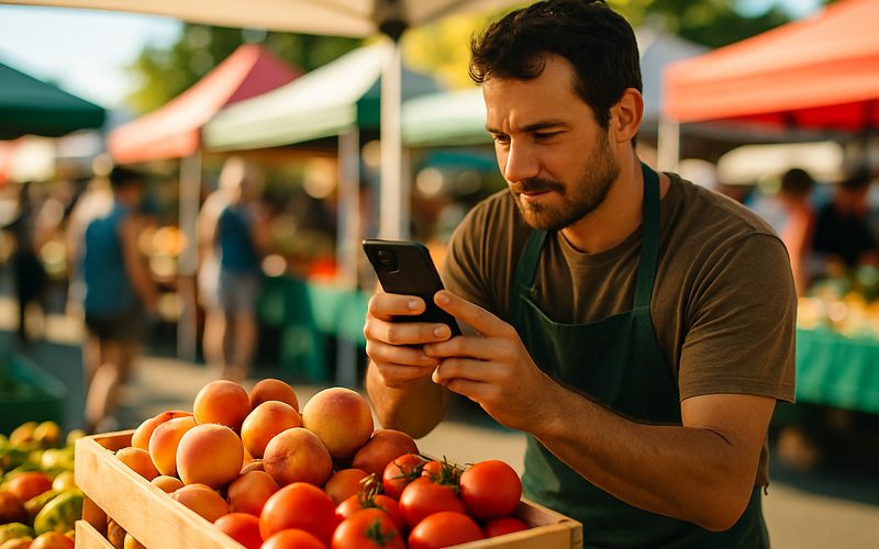 Okanagan farmers market vendor posting a social media photo of fresh produce in summer