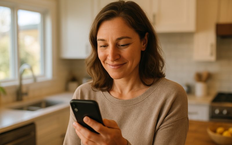Okanagan homeowner reading a friendly business text reply on a phone after a missed call