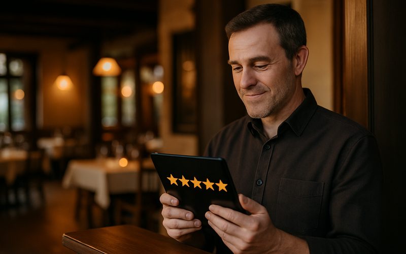 Okanagan restaurant owner looking pleased at new five-star reviews on a tablet at the host stand