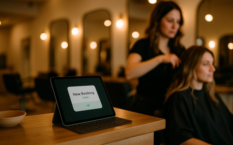Okanagan salon front desk where an AI booking confirmation comes through while staff works