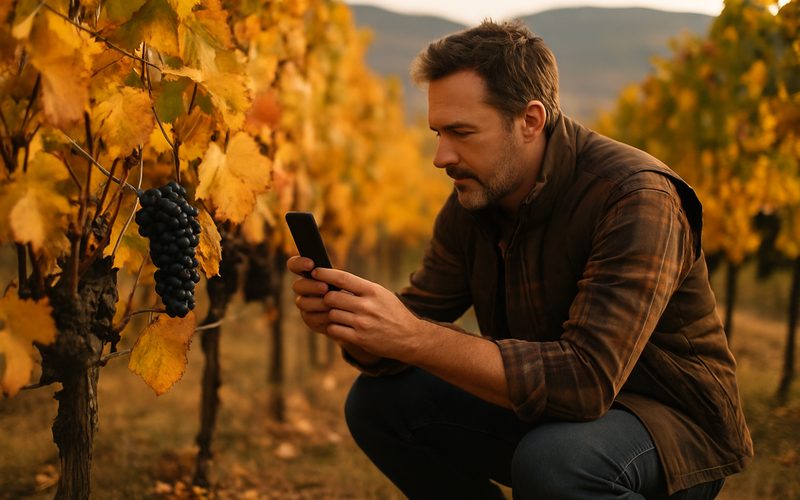 Okanagan winery owner capturing seasonal fall harvest content for social media among the vines