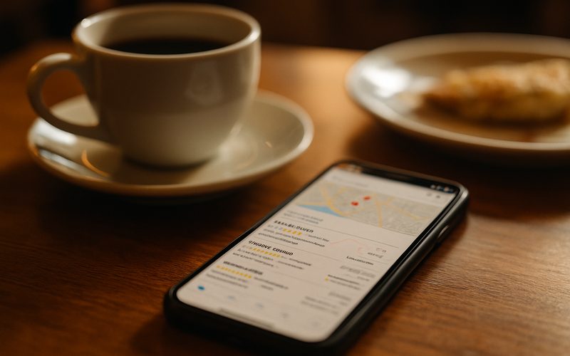 Phone on a Vernon restaurant table showing local business search results and a map
