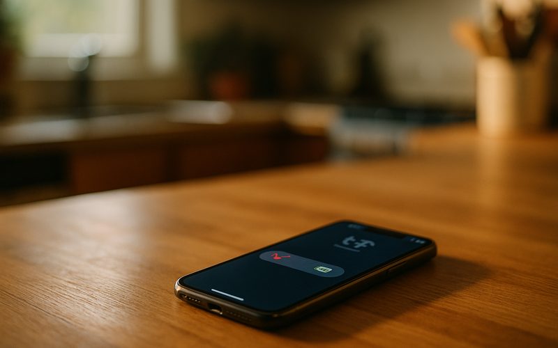 Phone on a counter showing a missed call followed by an automatic text-back message