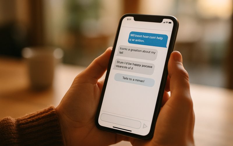 Phone showing a friendly business chatbot greeting with a clear talk to a human option