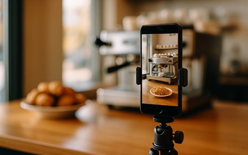 Phone clamped on a small tripod set up to film a Vernon coffee shop counter