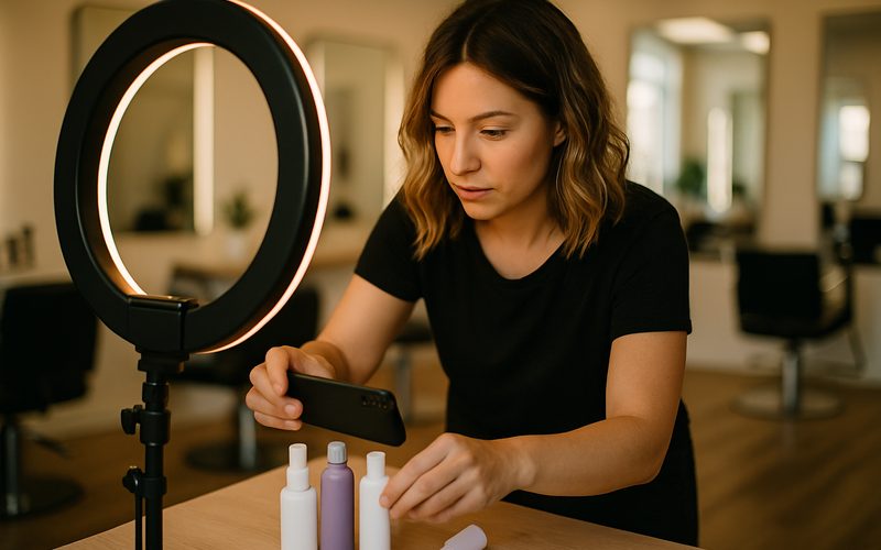 Okanagan salon owner batch-shooting a week of product photos for social media at once