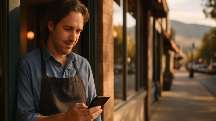 Vernon BC shop owner checking local search rankings on a phone in their storefront doorway