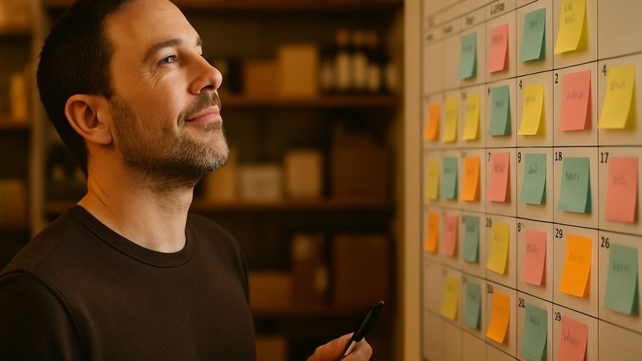Vernon small business owner planning a monthly social media content calendar on a wall planner with sticky notes