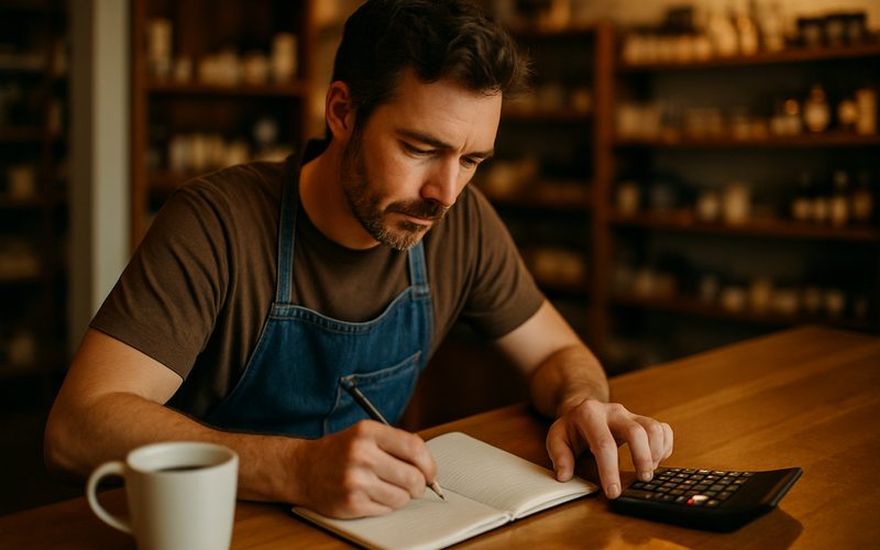 Okanagan small business owner planning a Facebook ad budget with a notebook and calculator at the counter