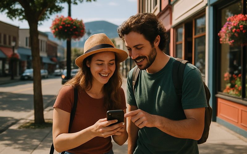 Tourists on a Vernon Okanagan street choosing where to go on a phone